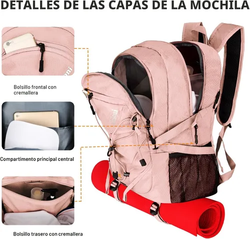 Miniatura 6 de Goloni Mochila de senderismo de 45 L, ligera, plegable, impermeable, con cubierta para lluvia y sistema de transporte de tapete de senderismo, Rosa