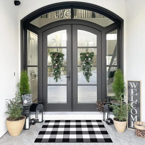 SEEKSEE Alfombra de Algodón a Cuadros Buffalo de 27.5"x43" Alfombra a Cuadros Blanco y Negro Lavable Tapetes para Puerta Interior Exterior Alfombras