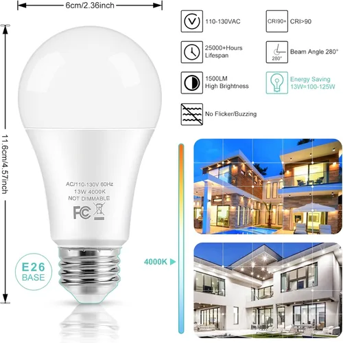 Miniatura 2 de Bombillas LED, bombillas LED A19 equivalentes a 100 W, 13 W, 4000 K, blanco neutro, 1500 lúmenes, no regulables, brillantes, E26 Edison, bombillas