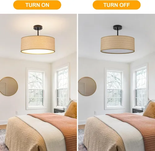 Miniatura 6 de Rattan Sloped Ceiling Light, 16.53" Woven Semi Flush Mount Boho Fabric Drum Shade, Pendant Lighting, for Dining Room, Foyer, Living Room, Hallway