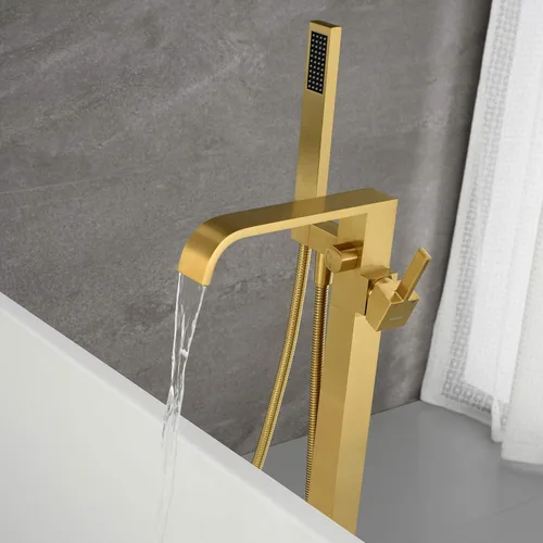 Miniatura 4 de Grifo de bañera independiente Llenador de bañera de oro cepillado Grifos de montaje en piso de latón de una sola manija con ducha de mano 2-Oro