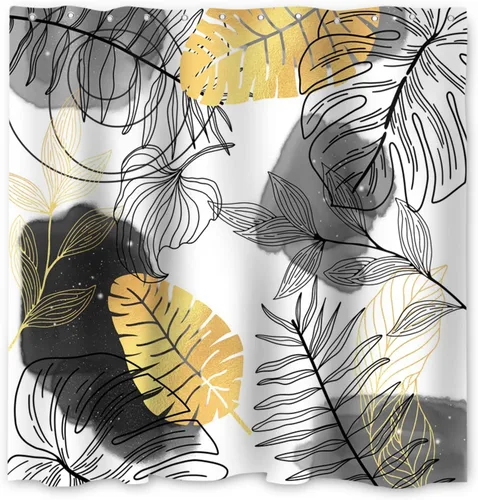 Miniatura 5 de Cortina de ducha bohemia y chic, cortina de baño moderna con hojas tropicales abstractas y ramas botánicas doradas, para decoración del hogar, tela