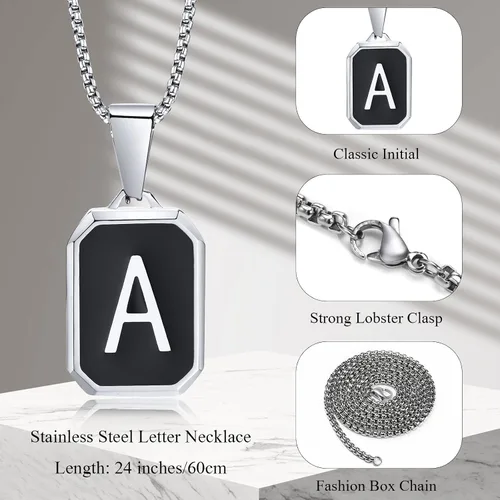Miniatura 2 de Hisatan Collar con inicial para hombres y mujeres, collares con colgante de letra A-Z, color negro, plateado, cuadrado, capital, para hombre, acero