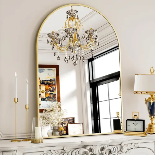 Miniatura 9 de XRAMFY Espejo de Pared Arqueado de 26" x 38" para Baño, Espejo de Tocador Dorado para Dormitorio, Sala de Estar, Entrada, Espejo Colgante Decorativo