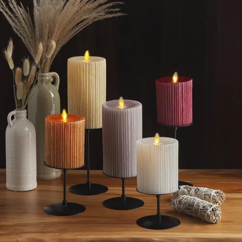Miniatura 8 de Luminara Pilar metálico en relieve, vela LED gris sin llama de 3.25 x 6.5 pulgadas, tecnología de llama real a pilas con función de temporizador