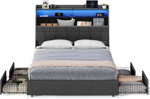Miniatura 11 de VASAGLE Base de cama LED tamaño individual, cama individual con cabecera y 4 cajones, 1 puerto USB y 1 puerto tipo C, cabecera tapizada ajustable