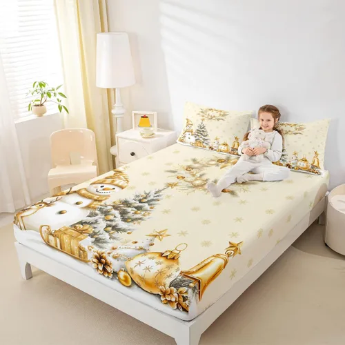 Miniatura 4 de Erosebridal Juego de ropa de cama individual con diseño de árbol de Navidad, muñeco de nieve, decoración de corona de Navidad, sábana bajera