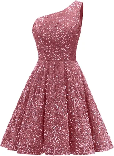 Hjindpr Vestidos de lentejuelas de un hombro para adolescentes, vestido corto de graduación 2024, vestido formal acampanado brillante con bolsillos
