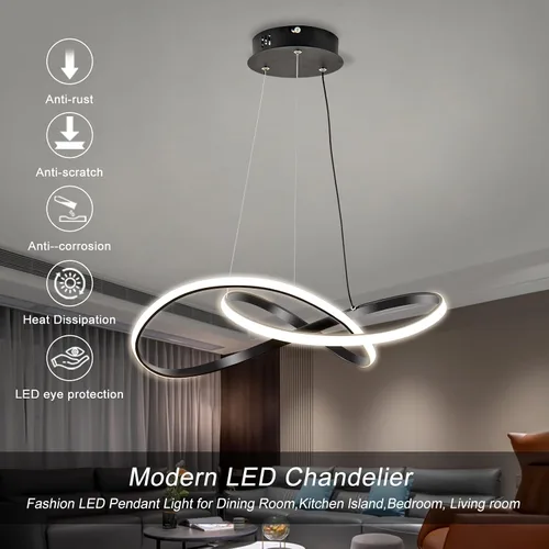 Miniatura 2 de Lámpara colgante LED moderna, lámpara de techo negra contemporánea con luces de anillo irregular para comedor, sala de estar, recámara, isla