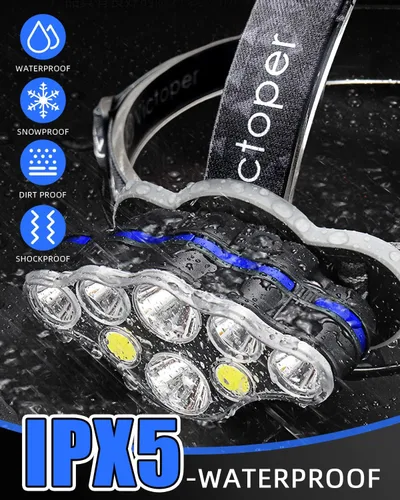 Miniatura 7 de Victoper - Linterna frontal recargable, 8 LED de 18000 lúmenes con luz roja, linterna frontal USB ligera, impermeable, de 8 modos, equipo para Negro