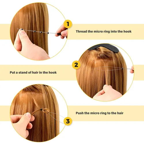 Miniatura 6 de Gomake Juego de extensiones de cabello cerradas y removedoras de alicates, micro anillos de silicona, extensiones de cabello, aguja de bucle, Negro