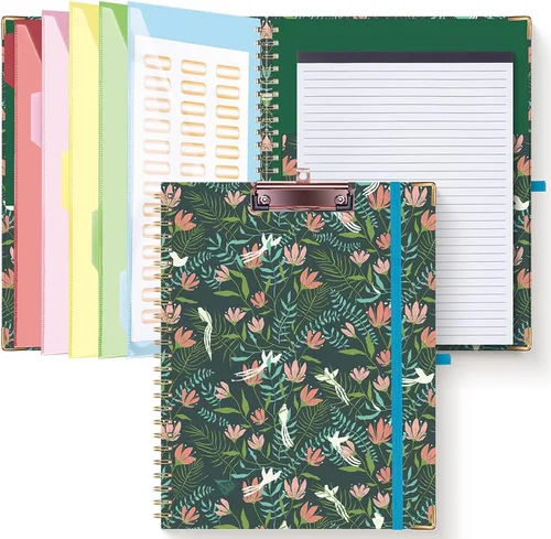 HAUTOCO Folio portapapeles con bloc de notas recargable para tamaño carta (11 x 8.5 pulgadas), 5 divisores con 10 bolsillos, soporte elástico para