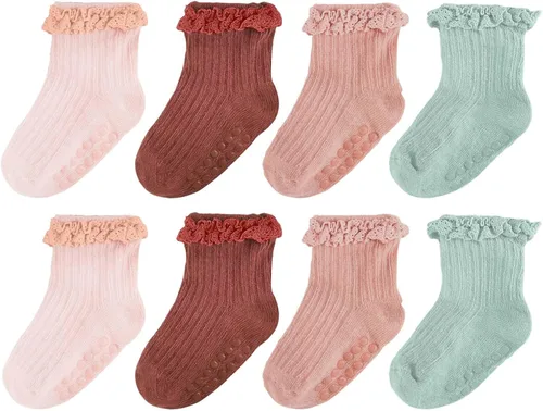 Miniatura 19 de Calcetines de Volantes para Niña Bebé, Calcetines Antideslizantes de Agarre para Niñas, Calcetines de Tobillo Frilly de Algodón Lindos para Niñas