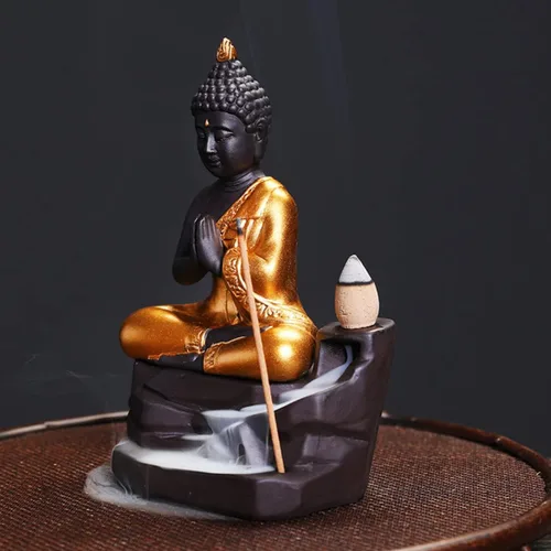 Miniatura 4 de Golden Buddha - Quemador de incienso zen, soporte para incienso árabe, cascada de humo, estufa oriental de aromaterapia decorativa (A)