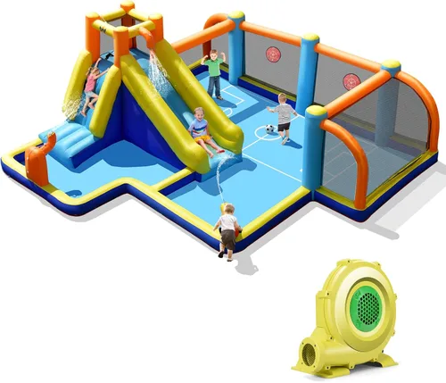 Miniatura 12 de HONEY JOY Tobogán acuático inflable, parque acuático gigante con porterías de fútbol para exteriores, piscina, escalada, toboganes acuáticos