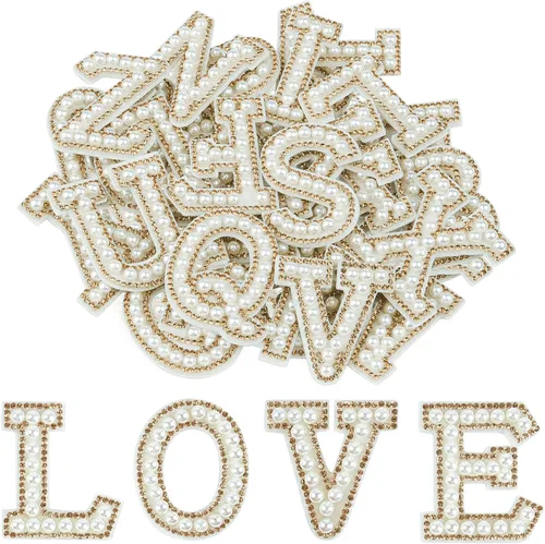 Miniatura 9 de Morcheiong 52 piezas de parches de letras de perlas con strass autoadhesivos A-Z, parches de letras de perlas para pegar en ropa, tela, mochila