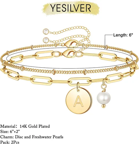 Miniatura 5 de Pulseras con inicial de oro para mujer, chapado en oro de 14 quilates, pulsera con inicial de letra, ajustable, con eslabones en capas, pulsera