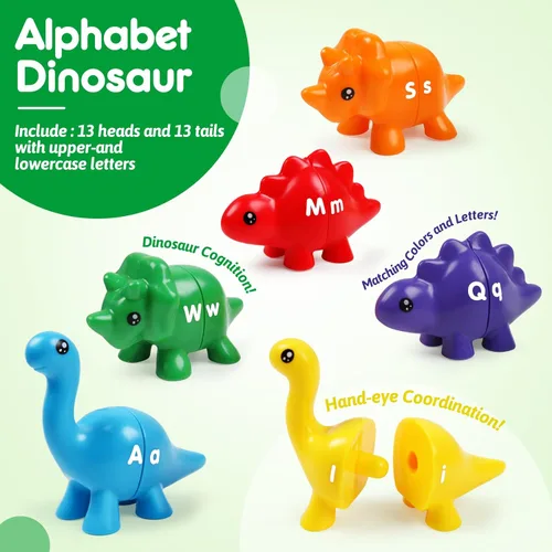 Miniatura 2 de USATDD - Juego de dinosaurios de emparejamiento de letras, juego de dinosaurios de doble cara de letras ABC, juguete de motricidad fina