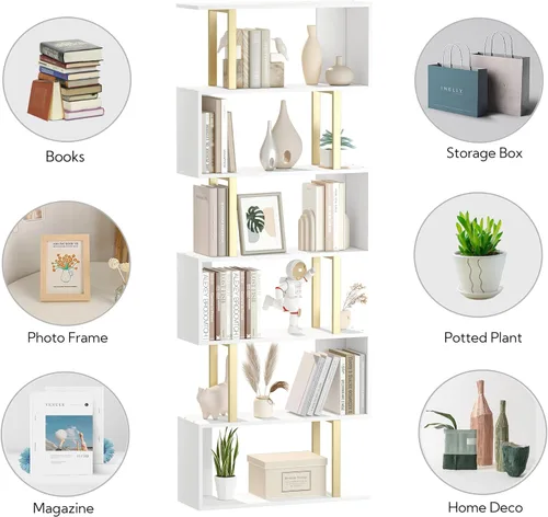Miniatura 6 de Yusong Estantería Geométrica, Estantería en Forma de S de 6 Niveles para Dormitorio, Estante Decorativo de Exhibición de Madera Moderna, Estantería
