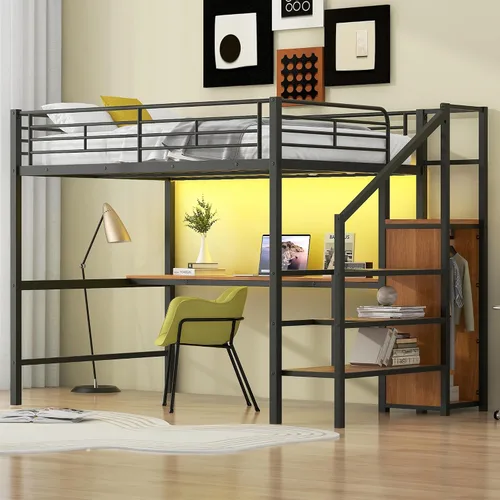 Miniatura 11 de Bellemave Cama tipo loft de metal de tamaño matrimonial con escritorio en forma de L, marco de cama tipo loft con luz LED, estación de carga