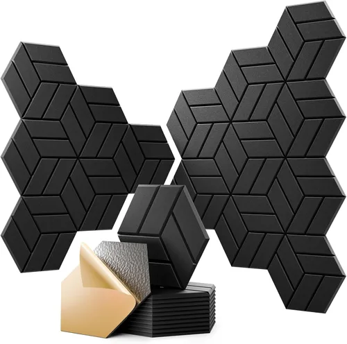12 paneles acústicos autoadhesivos, paneles de espuma a prueba de sonido de 12 x 10 x 0.4 pulgadas para paredes, paneles de pared hexagonales Negro