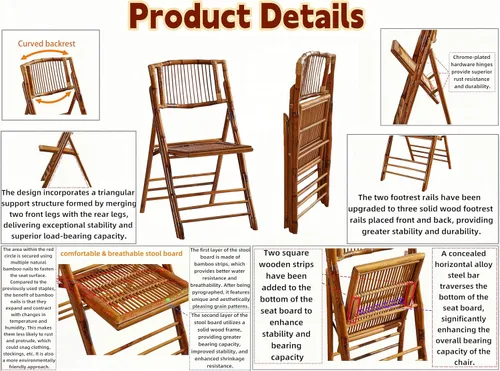 Miniatura 7 de Silla plegable de bambú, silla de comedor vintage plegable completamente mejorada con 330 libras hecha a mano para sala de estar, patio, jardín