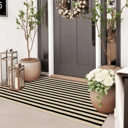 Alfombra de lana cuadriculada para exteriores de 24 x 35 pulgadas, alfombra de algodón tejida a mano, plegable, lavable, reversible, en capas, para
