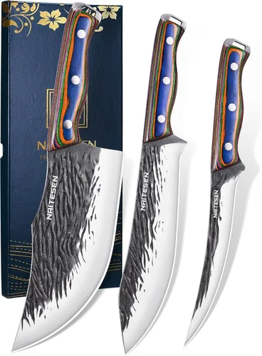 Naitesen 3 piezas de juego de cuchillos de carnicero forjados a mano, cuchillo de chef serbio muy afilado, cuchillo para deshuesar para cortar