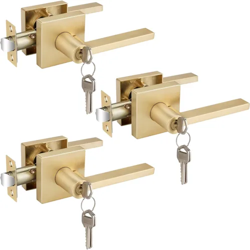 Miniatura 22 de EHOMEWARE Juego de manijas de puerta delantera doradas, palanca de puerta cuadrada resistente de latón y cerrojo de un solo cilindro reversible
