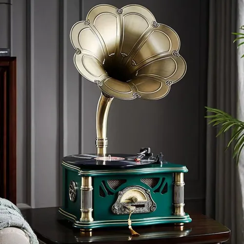 Miniatura 4 de Tocadiscos Gramophone, reproductor de discos de vinilo de estilo italiano con entrada Bluetooth/USB/FM, tocadiscos de 2 velocidades, Hi-Fi, trípode