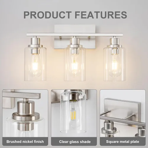 Miniatura 7 de Accesorios de iluminación de baño de 3 luces de níquel cepillado, lámpara de tocador sobre espejo, iluminación de pared moderna de granja, apliques