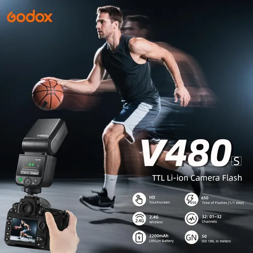 Miniatura 2 de Godox V480S TTL Speedlite Flash para cámaras Sony, GN50, pantalla táctil de 2.0 pulgadas, HSS 1/8000s, sincronización de obturador electrónico, 2.4G
