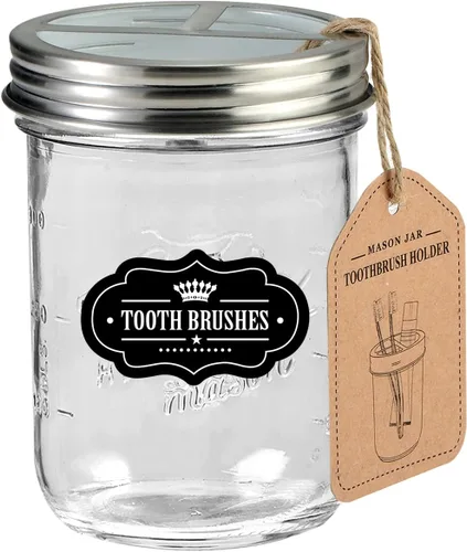 Miniatura 8 de Mason Jar - Soporte para cepillos de dientes – Bronce – con vidrio genuino de 16 onzas Mason Jar para tarro Mason de boca regular, acero inoxidable