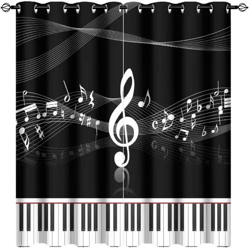Miniatura 43 de Cortinas opacas de oscurecimiento de habitación con ojales, diseño rústico de símbolos musicales blancos y negros, tratamiento de ventana