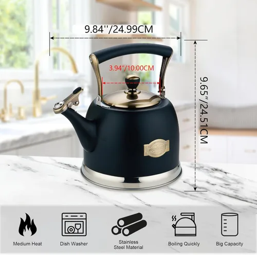 Miniatura 4 de Tetera de acero inoxidable, tetera de acero inoxidable para estufa con mango ergonómico resistente al calor, 3.0 cuartos Negro