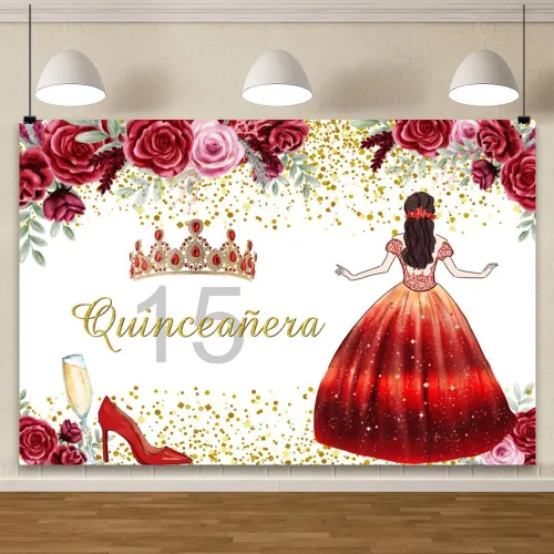Miniatura 2 de YongFoto Telón de fondo de quinceañera de 5 x 3 pies para quinceañera de cumpleaños de 15 años, corona floral de rosa, fondo de cumpleaños