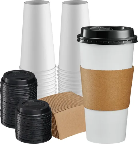 GUSTO 50 juegos de tazas de café desechables con tapas y fundas de 20 onzas. Vasos calientes de papel para viajes y uso en la oficina. Paquete 20