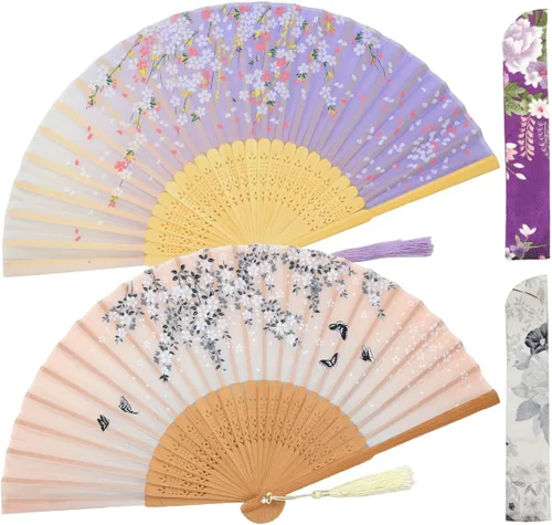 Miniatura 10 de Abanicos de mano plegables pequeños para mujer, 2 abanicos chinos japoneses de seda de bambú vintage, para baile, festival de música, boda, fiesta