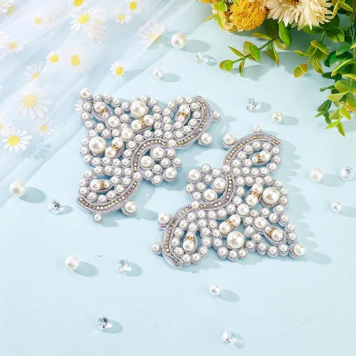 Miniatura 4 de FINGERINSPIRE 2 parches de perlas para zapatos, apliques de imitación de diamantes de imitación para manualidades, diseño floral con purpurina, Plata