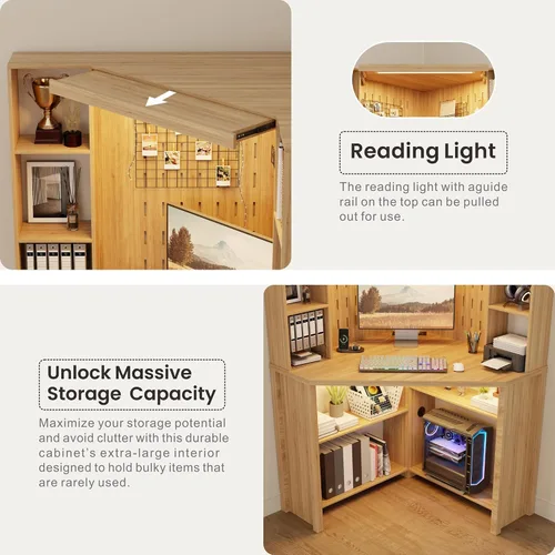 Miniatura 6 de Escritorio esquinero para computadora con luces LED, escritorio de estudio en forma de L con gabinete y estantes, escritorio triangular para oficina