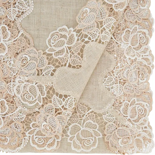 Miniatura 2 de SARO LIFESTYLE June Collection Camino de mesa con borde de rosas de encaje, 16 x 120 pulgadas, natural