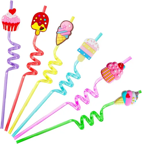 Pajitas reutilizables para helados, suministros de fiesta, 24 piezas de plástico para cupcakes, divertidos, lindos, largos, locos, tontos,
