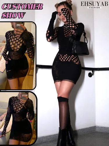 Miniatura 4 de Trajes de club, vestido de red ajustado de una pieza de manga larga