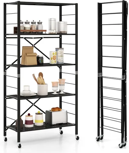 Giantex Estantería plegable de 5 niveles con ruedas color negro, estantes de metal plegables de 60 pulgadas de alto para almacenamiento,