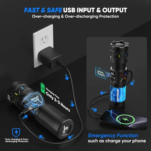 Miniatura 4 de Linternas de alta luminosidad de 100,000 lúmenes recargables, súper brillantes, LED de 50W, larga duración de 15 horas, entrada USB C y salida USB