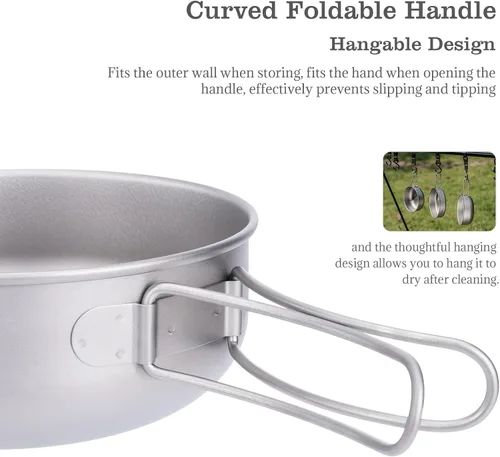Miniatura 8 de iBasingo Juego de 3 piezas de ollas de titanio para acampar con mango plegable, juegos de ollas de cocina para campamento al aire libre