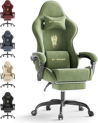 Miniatura 13 de Huracan Silla de juegos de tela de terciopelo con reposapiés para adultos, sillas ergonómicas para juegos con base de masaje, silla reclinable
