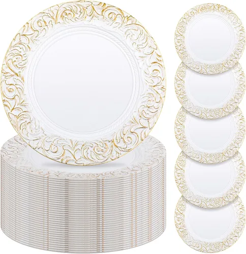 Miniatura 10 de Uiifan 24 Piezas Platos Base Antiguos a Granel 13'' Platos de Plástico en Relieve para Cena Platos Base Redondos Florales para Boda Cargadores Dorado