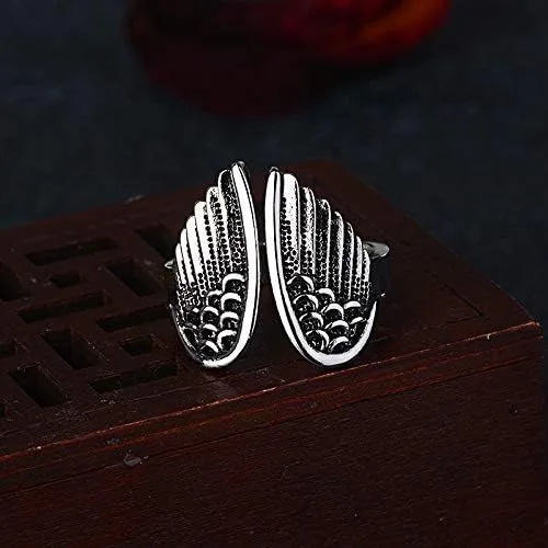 Miniatura 2 de Anillo de alas de ángel de plata 925 para mujer, estilo vintage, tailandés, teñido de plata negra, anillo abierto, hip hop, rock, eternidad