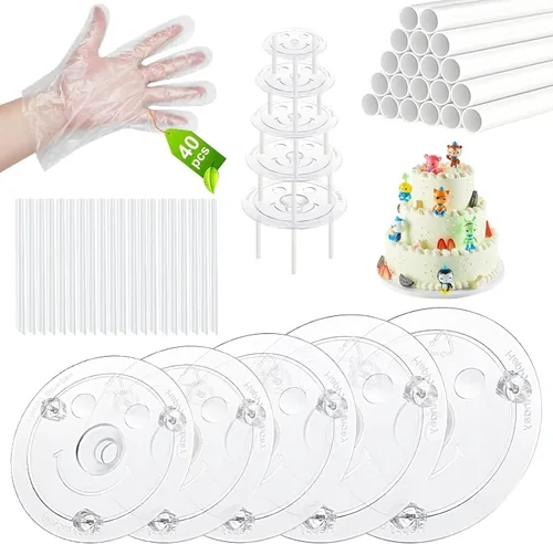 Juego de clavijas de plástico para pastel: 40 varillas, 20 soportes blancos, 5 placas separadoras para pasteles de 4 a 12 pulgadas y 15 tacos